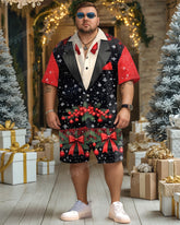 Big Men's Christmas Color Bow Suit Cosplay Printed Short Sleeve Shirt Shorts Set